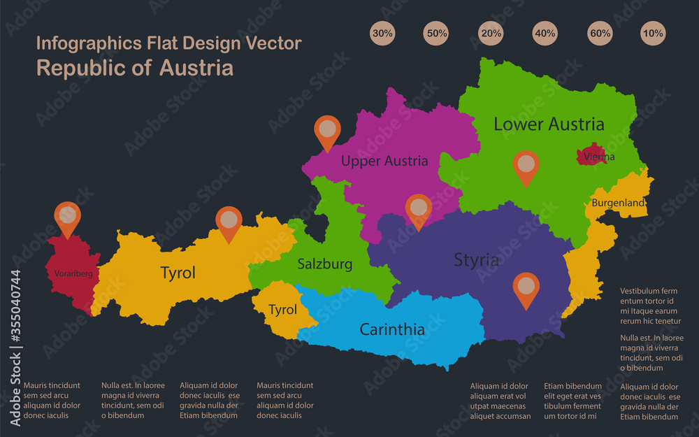 Infographics Austria map, flat design colors, names of individual administrative division, blue background with orange points vector - obrazy, fototapety, plakaty 
