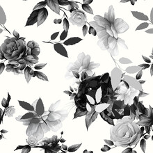 Seamless Pattern Of Black Panther With Flowers And Leaf Around. Black And White Abstract Artwork For Textile, Fabric And Other Using. Hand Drawn Illustration. Vector - Stock.