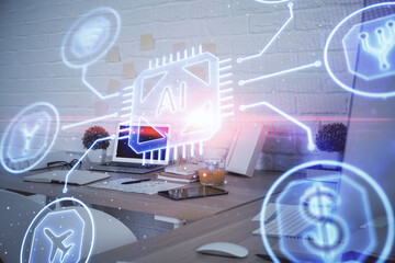 Aufkleber - Double exposure of data theme drawing and office interior background. Concept of technology.