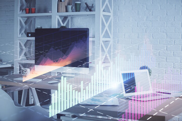 Double exposure of financial graph drawing and office interior background. Concept of stock market.