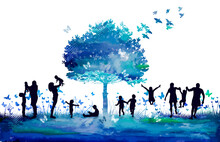 Abstraction Family Outdoors. Magical Blue Tree With Butterflies. Vector Illustration