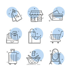 Wall Mural - Set of icons for the store and sales. Simple flat icons on a white background with a blue element. Price tags, discounts, store, cards, cash desk, packages, trolley, suitcase, basket, mirror. Eps 10