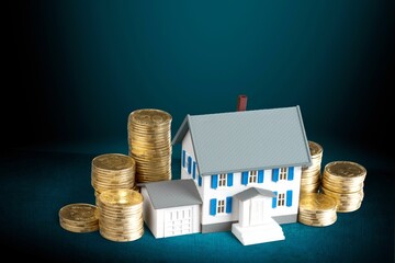 Wall Mural - Model of a mini house with coins on a table