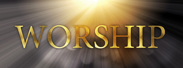 The word WORSHIP online concept written in gold texture on wooden background.