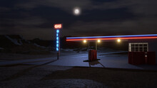 3D Rendered Night Scene With Gas Station At The Arizona Desert