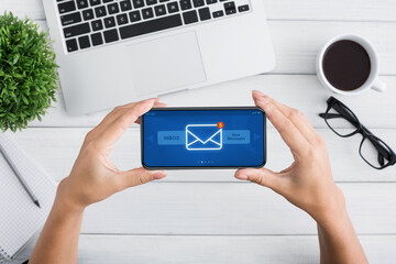 Poster - Unrecognizable Female Holding Smartphone With New Inbox Messages Notification On Screen