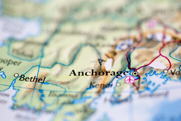 shallow depth of field focus on geographical map location of anchorage city united states of america