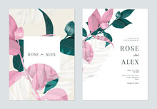 Floral Wedding Invitation Card Template Design, Semi-double Camellia Flowers With Palm Leaves In Green And Pink Tones