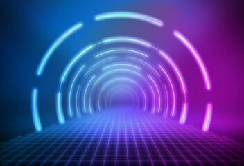 Wall Mural - Color tunnel channel space constructed by glowing neon light lines.