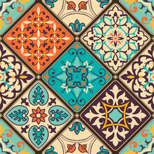 Seamless Colorful Patchwork Tile With Islam, Arabic, Indian, Ottoman Motifs. Majolica Pottery Tile. Portuguese And Spain Decor. Vector Illustration