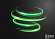 Abstract green swirl line of light with a transparent background, isolated and easy to edit