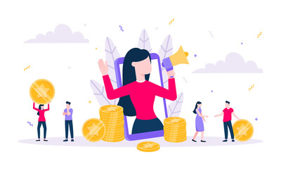 Loyalty program flat style design vector illustration concept. Woman with megaphone loud speaker standing up in the smartphone and shout out to the people. Refer a friend program.