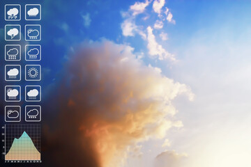 Wall Mural - weather forecast symbol data presentation with graph and chart on dramatic atmosphere panorama view 