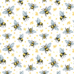 Watercolor seamless pattern with honey bee and yellow flowers. Cute bug, insect for baby textile, wallpaper, decoration, scrapbooking