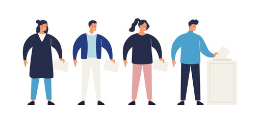 Aufkleber - Different people with ballots in queue during voting vector flat illustration. Man and woman putting paper ballot in box isolated on white background. Smiling person making choice at election day