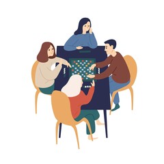 Smiling family playing board game with chips vector flat illustration. Happy people sitting at table enjoying home leisure isolated on white background. Cute man and woman spending time together