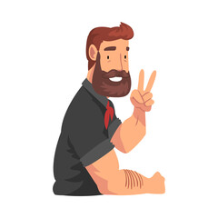 Wall Mural - Bearded Hipster Young Man Looking at Us and Showing Victory Sign Vector Illustration