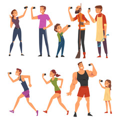 Wall Mural - People Taking Selfie Photo Set, Cheerful Male and Female Characters Photographing Themselves with Smartphones Cartoon Vector Illustration