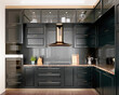 Modern interior design kitchen with black marble, black cabinets, dark gold trim and granite countertop, 3d render, 3d illustration