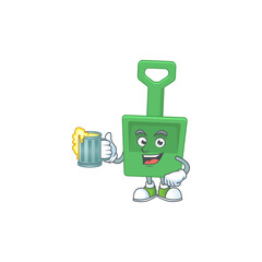 Wall Mural - A cheerful green sand bucket cartoon mascot style toast with a glass of beer