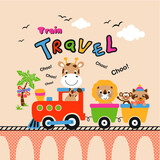 Fototapeta  - train travel animals vector cartoon illustrations