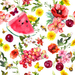 Canvas Print - Summer flowers, cherry berries, butterflies, watermelon fruits, fresh grass. Repeated pattern. Water color