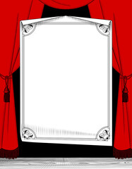 Wall Mural - Big paper sheet with a decorative frame against a red curtain in old style