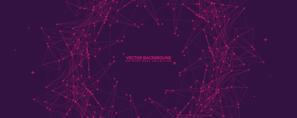 Purple Abstract Network Mesh with Your Text. Geometric connected line and dots. Wide Technology Purple Vector Background