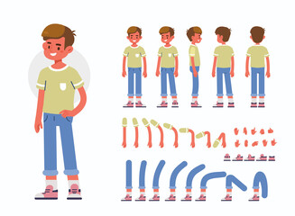 Wall Mural - little boy character constructor for animation. front, side and back view. cute kid in trendy clothe