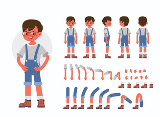 Wall Mural - little boy character constructor for animation. front, side and back view. cute kid in trendy clothe