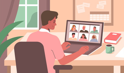 Poster - Business Man working Remote at Home and using Laptop for Video Meeting with Colleagues. People Characters Talking Online. Video Conference Concept. Flat Cartoon Vector Illustration. 