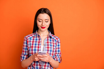 Wall Mural - portrait of cute sweet girl feel calm use smart phone read social media news comment post wear good 
