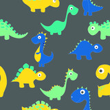 Fototapeta Dinusie - Childish dinosaur seamless pattern for fashion clothes, fabric, t shirts. hand drawn vector