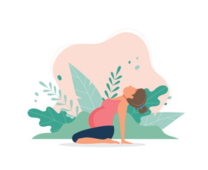 Pregnant woman doing prenatal yoga. Pregnancy health concept. Cute illustration in flat style