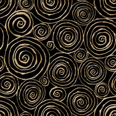 Abstract seamless pattern with 3d golden glittering acrylic paint round spiral circles on black background