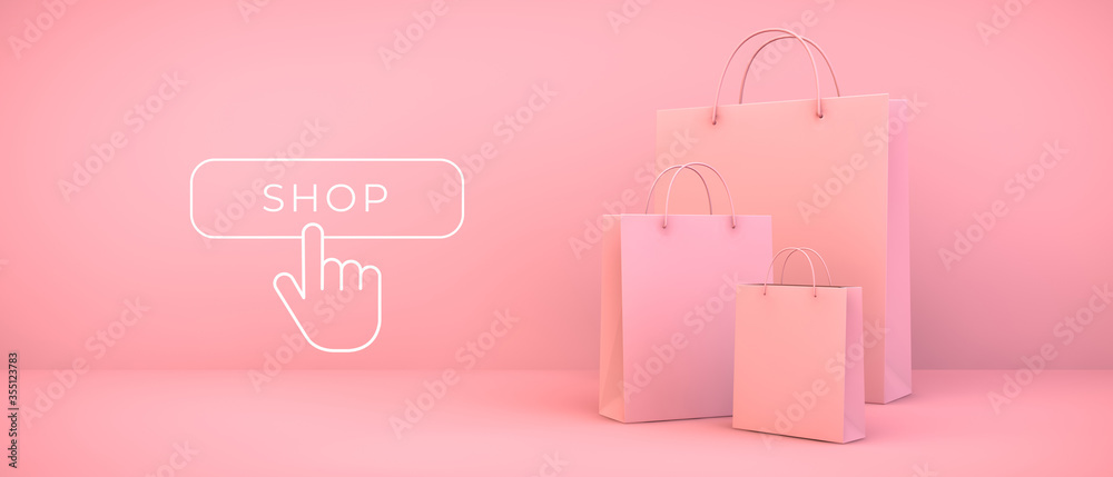 pink shopping bags and button - obrazy, fototapety, plakaty 