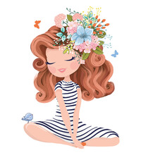 Pretty Girl With Flowers Vector Illustration.