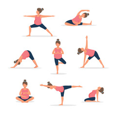 Wall Mural - Pregnant woman practicing yoga, set of different poses. Healthy pregnancy. illustration in flat style