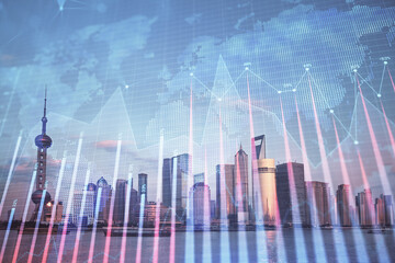 Aufkleber - Forex graph on city view with skyscrapers background double exposure. Financial analysis concept.