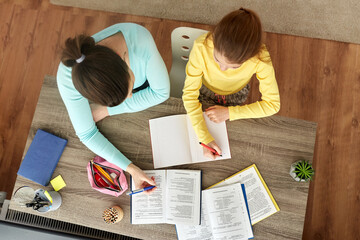 Poster - education, family and homework concept - mother and daughter with books writing to notebook at home