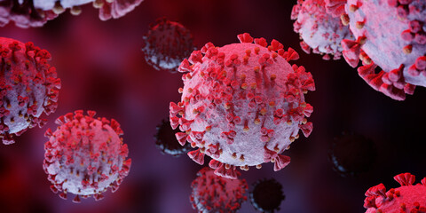 Poster - Microscopic close-up of the covid-19 disease. Coronavirus illness spreading in body cell. 2019-nCoV analysis on microscope level 3D rendering