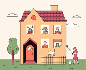 Poster - home sweet home. the facade of the apartment. neighbors are talking at the window.