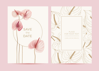 Wall Mural - Wedding invitation in the botanical style. Pink anthurium flowers on a delicate background. Background for the invitation, shop, beauty salon, spa.