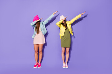 Canvas Print - Full length body size view of nice attractive pretty lovely fashionable girls showing dab gesture move life lifestyle isolated on bright vivid shine vibrant violet lilac purple color background