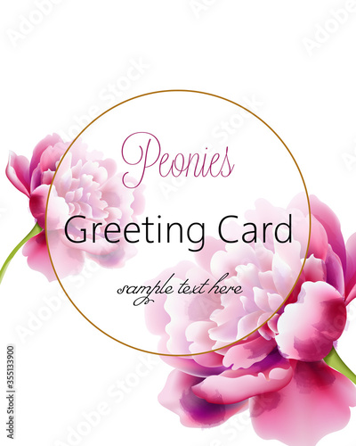 Greeting card with pink peonies flowers and place for text. Watercolor