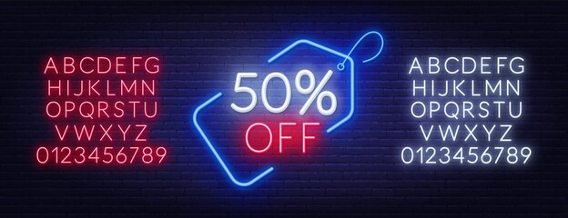 Poster - 50 percent off neon sign. Neon alphabet on brick wall background.