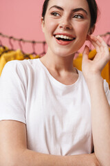 Sticker - Photo of young cheerful woman laughing and posing at camera