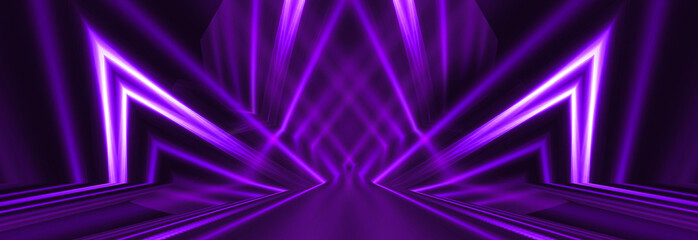 Wall Mural - Abstract dark background, neon rays and lines of ultraviolet light. Laser show, empty neon scene. Neon, spotlights, vertical reality. Night view, symmetrical reflection and perspective.