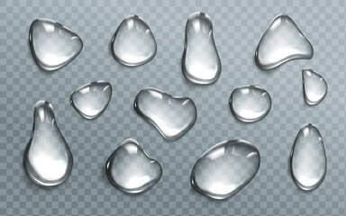 Poster - Water drops isolated on transparent background. Vector realistic set of liquid droplet different shapes, clear water dew, pure aqua flows, condensation on cool glass surface