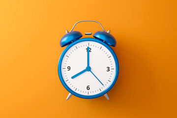 Wall Mural - Blue alarm clock on orange background with complementary color and retro style. Classic analog clock and blank space. 3D rendering.